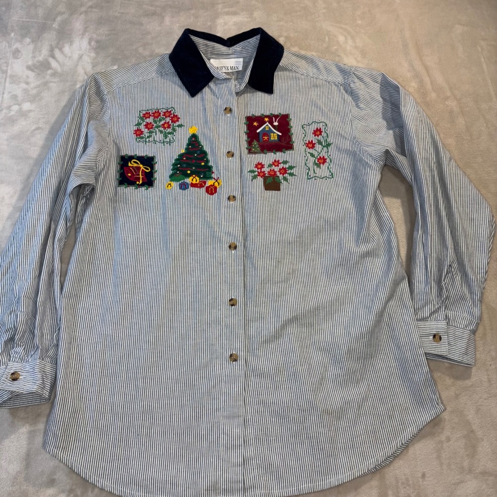 Casey & Max Vintage Christmas Embroidered Stripe Shirt Velvet Collar Blue Medium